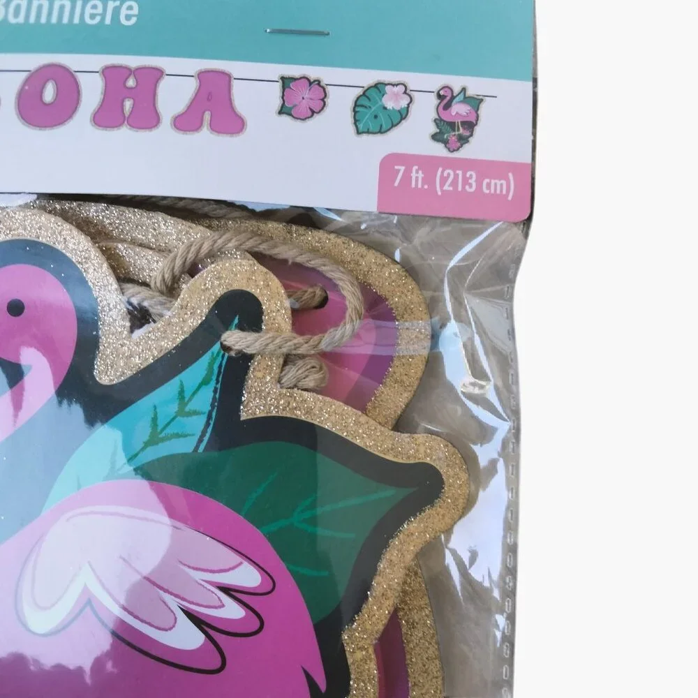 Aloha Flamingo Banner Party Decoration 7 ft Tropical Pink Gold Glitter
